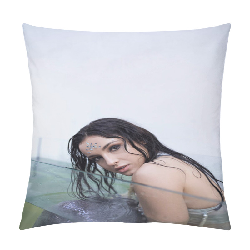 Personality  A Mermaid With Dark Hair Gazes Intensely From Beneath The Water's Surface In An Aquarium. Pillow Covers