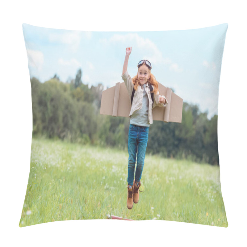 Personality  Kid In Pilot Costume With Outstretched Arm Jumping From Retro Suitcase In Meadow  Pillow Covers