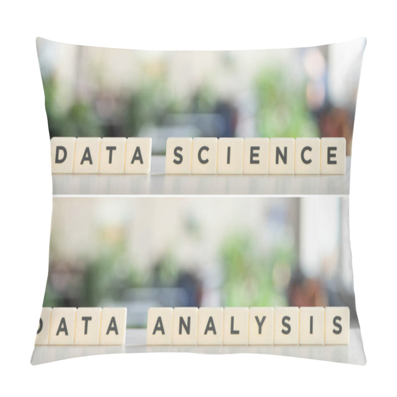 Personality  Collage Of White Cubes With Data Science And Data Analysis Inscription On White Surface Pillow Covers