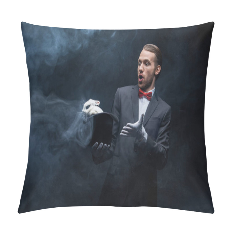 Personality  Surprised Magician In Suit Showing Trick With White Rabbit In Hat, Dark Room With Smoke Pillow Covers