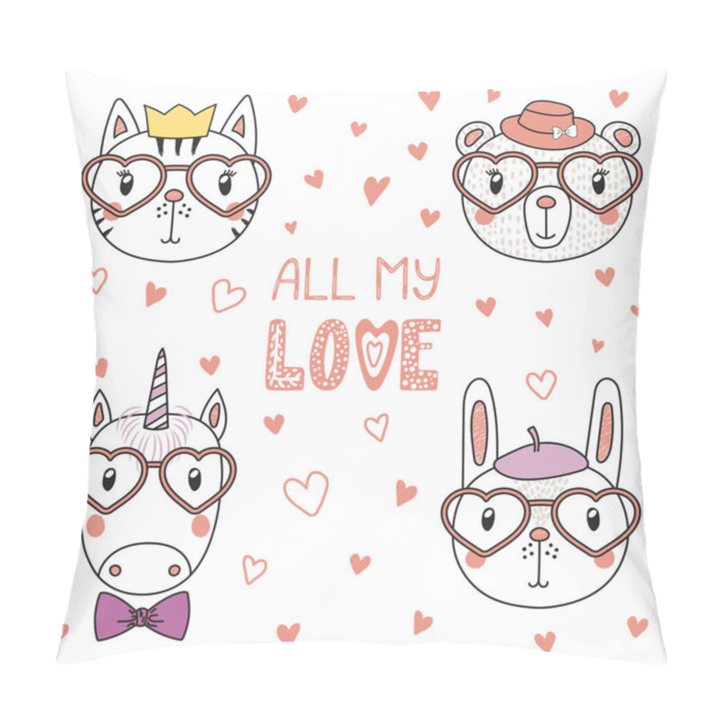 Personality  Cute Animals In Heart Shaped Glasses Pillow Covers