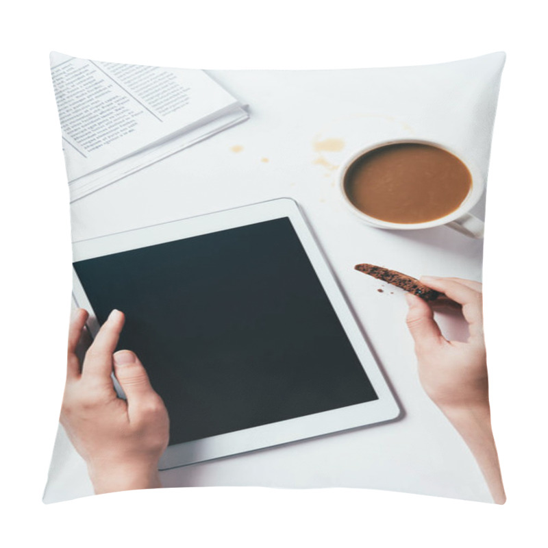 Personality  Cropped Shot Of Woman Using Tablet While Eating Chocolate Chip Cookie With Coffee On White Surface Pillow Covers