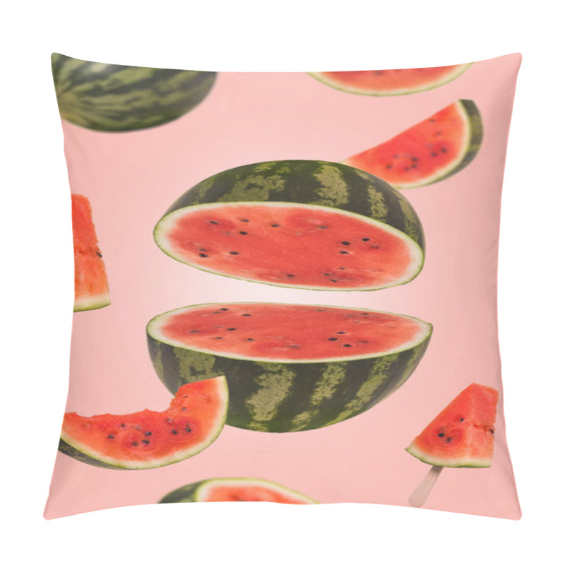 Personality  Ripe Watermelon Cut Into Pieces Flying In The Air. Floating, Flying, Levitating Sliced Fresh Watermelon On Trendy Colored Background. Creative And Abstract Food Concept. Pillow Covers