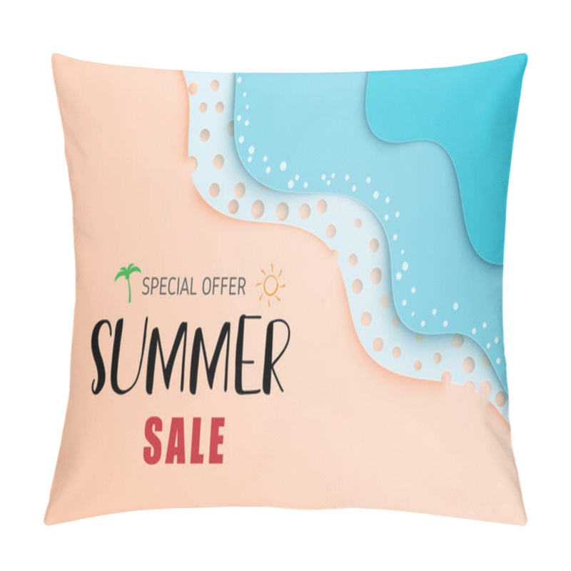 Personality  Summer Sale Banner Or Poster With Sea Wave And Beach In Paper Cut Style. Pillow Covers