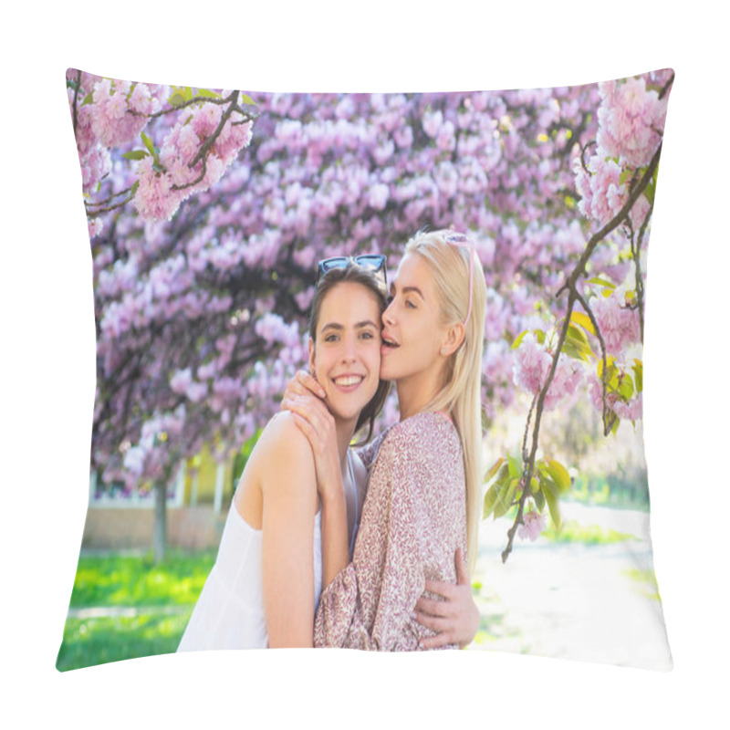 Personality  Spring Girls In Flowers. Outdoor Portrait Of Young Beautiful Happy Smiling Female Couple Posing Near Flowering Tree. Pillow Covers