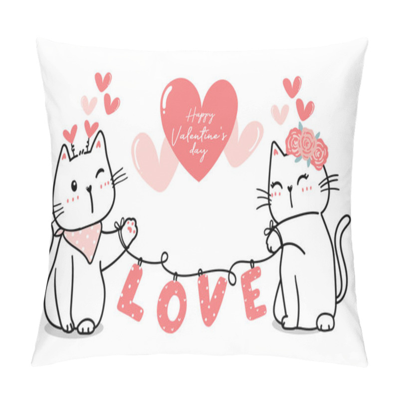 Personality  Cute Valentine Cat Couple With Heart Love, Happy Valentine's Day, Cute Cat Cartoon Outline Pink Heart Vector For Banner, Printable Stuff, Greeting Card Pillow Covers