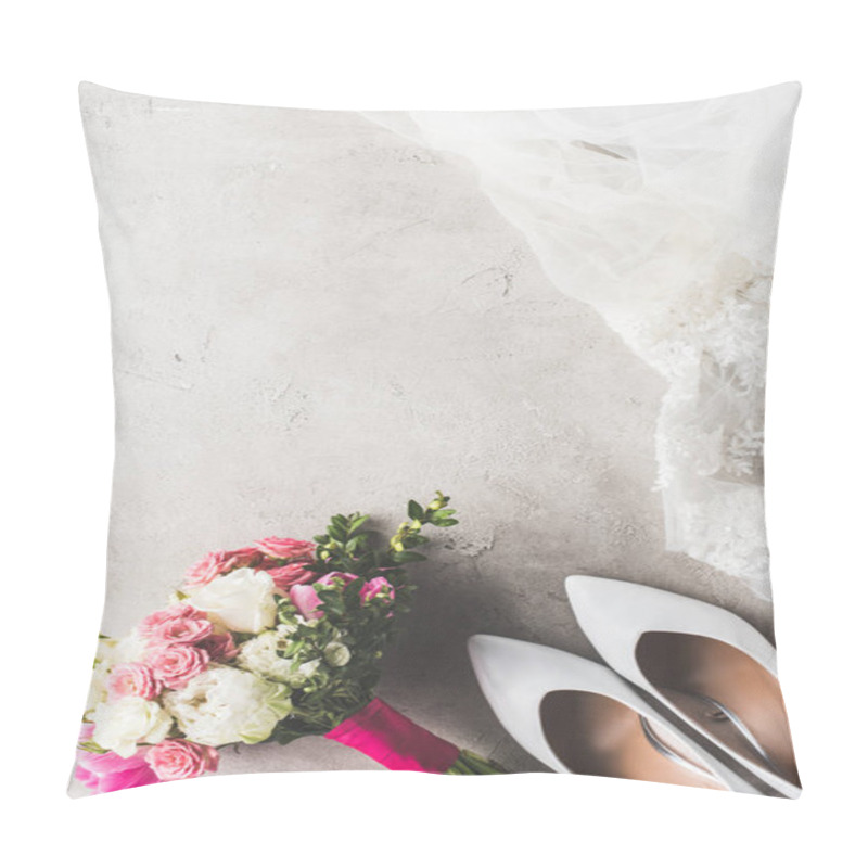 Personality  Top View Of Wedding Dress, Shoes And Bouquet On Gray Surface Pillow Covers