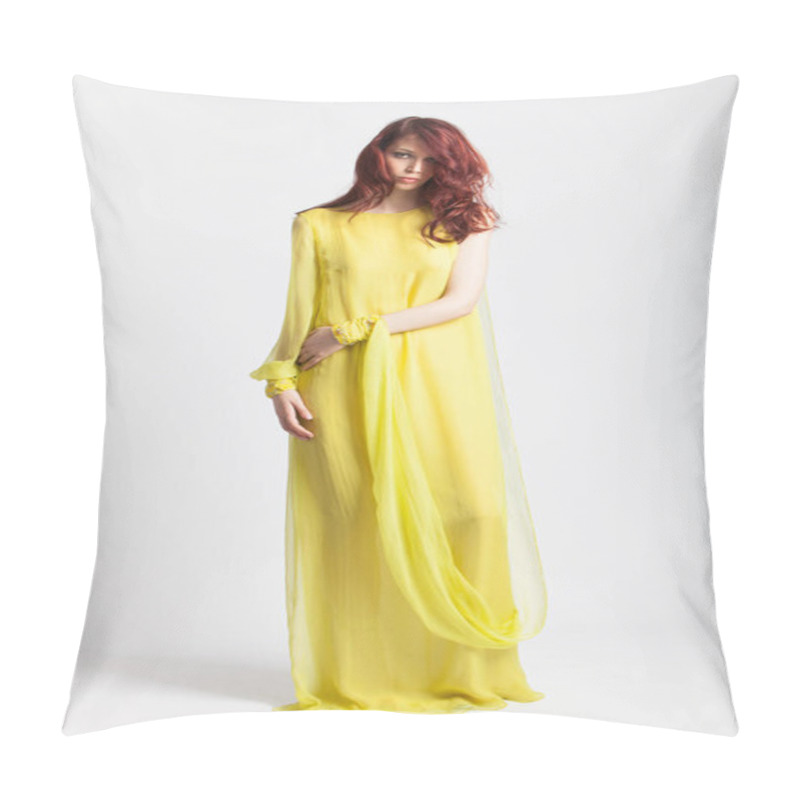 Personality  Red-haired Girl In Long Elegant Yellow Dress Pillow Covers