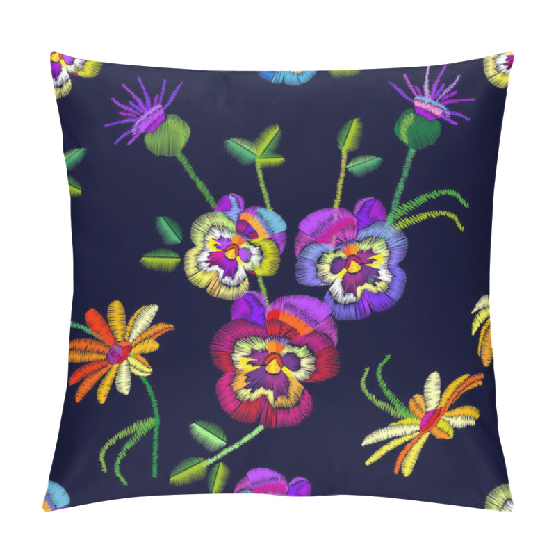 Personality  Seamless Floral Pattern With Embroidered Pansies And Chamomiles. Pillow Covers