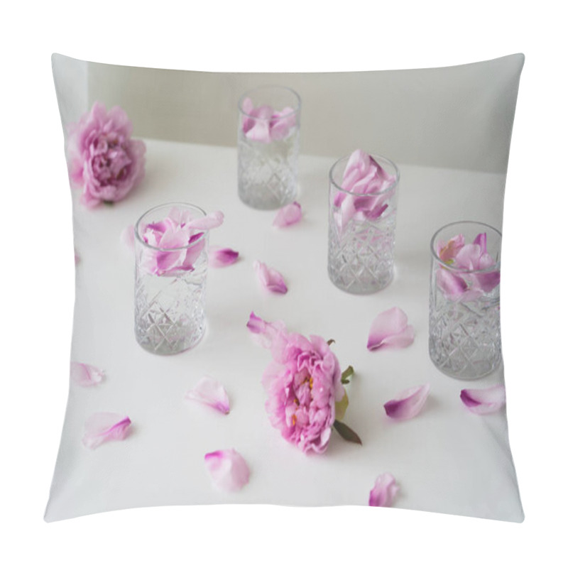 Personality  Glasses With Tonic And Floral Petals Near Pink Peonies On White Tabletop And Grey Background Pillow Covers