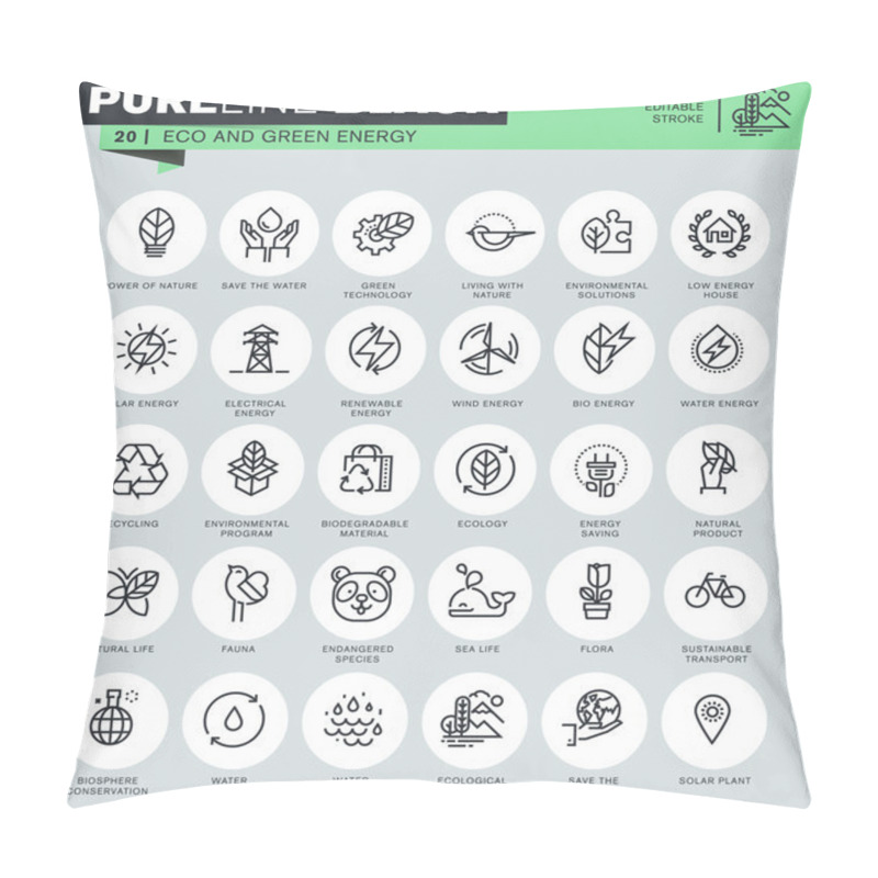 Personality  Thin Line Icons Set Of Environment, Renewable Energy, Sustainable Technology, Nature Life. Icons For Website And Mobile Website And Apps With Editable Stroke. Pillow Covers