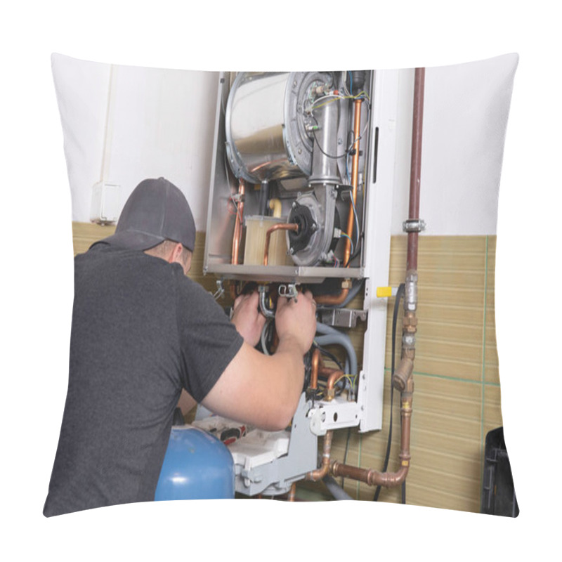 Personality  Plumber Fixing Central Heating System, Worker Servicing A Gas Boiler Pillow Covers