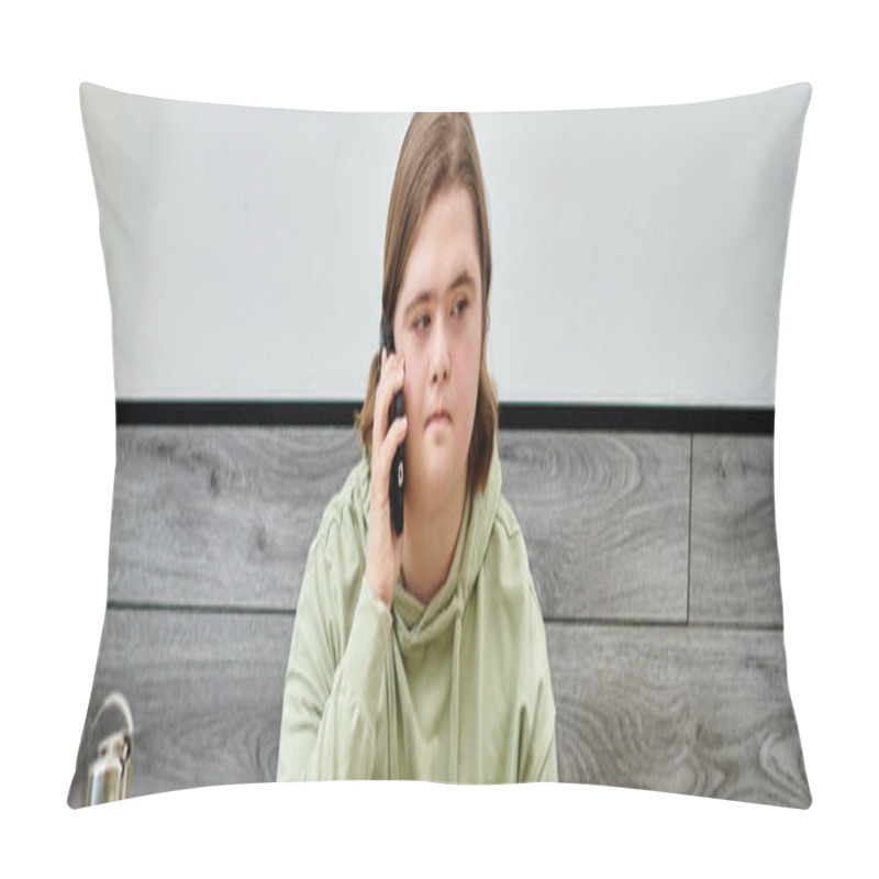 Personality  Young Female Client With Down Syndrome Talking On Mobile Phone In Modern Cozy Cafe, Banner Pillow Covers