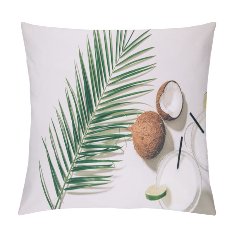 Personality  Top View Of Glasses With Coconut Cocktails, Lime And Drinking Straws, Green Palm Leaves And Exotic Coconuts On White Pillow Covers