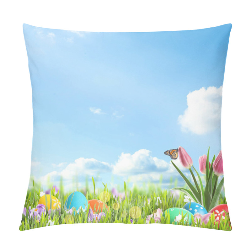 Personality  Bright Easter Eggs And Flowers In Green Grass Against Blue Background, Space For Text Pillow Covers