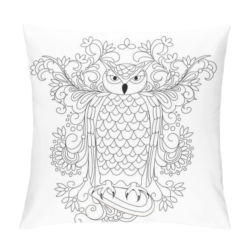 Personality  Coloring Page With Hand Drawn Patterned Owl On The Stone And Mehendi Flowers For  Adult Antistress Coloring Book, Album, Wall Mural, Tattoo Template. Eps 10 Pillow Covers