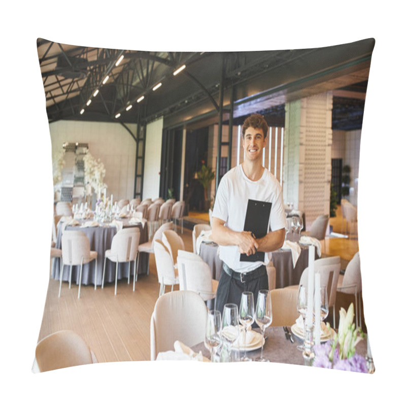 Personality  Joyous Decorator With Clipboard Looking At Camera Near Festive Tables In Modern Banquet Hall Pillow Covers