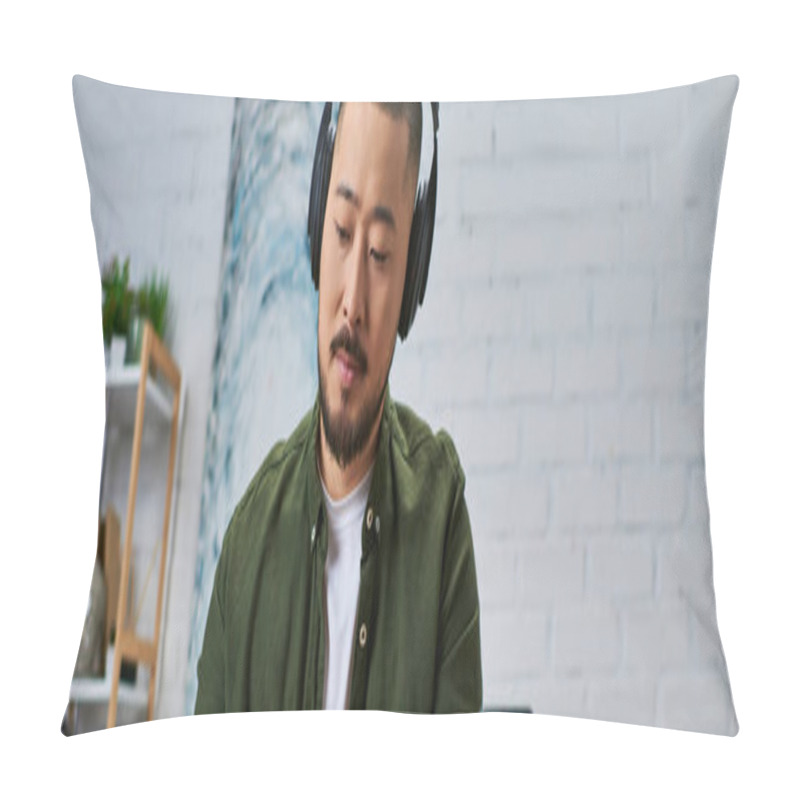 Personality  A Handsome Asian Man In Casual Attire, Engrossed In His Music, Plays An Instrument In A Modern Studio. Pillow Covers