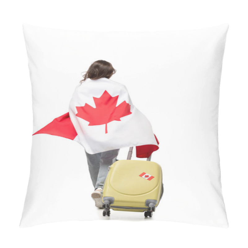 Personality  Back View Of Woman Covered In Canadian Flag With Suitcase Isolated On White, Travel Concept Pillow Covers