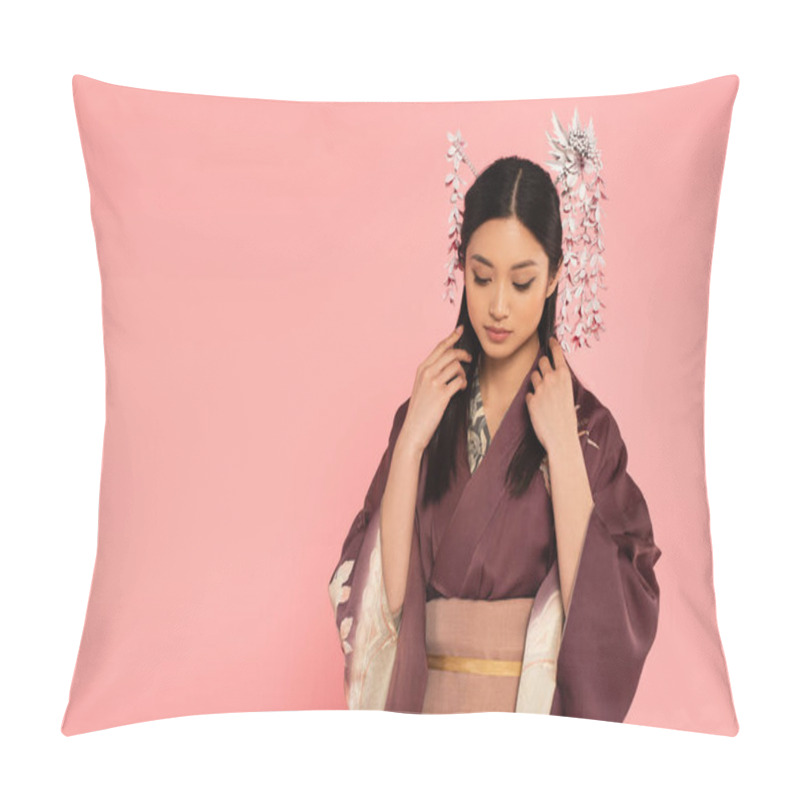 Personality  Young Asian Woman In Kimono Adjusting Brunette Hair Isolated On Pink  Pillow Covers