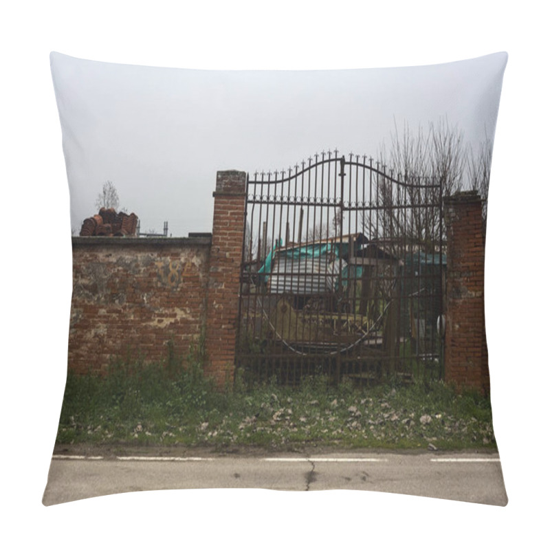 Personality  Gate In A Brick Boundary Wall At The Edge Of A Road With Building Equipments Behind The Grating In The Italian Countryside Pillow Covers