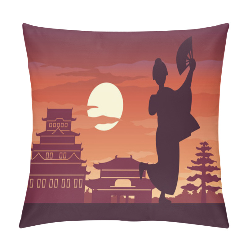 Personality  Japanese Girl In National Costume Called Kimono Stand In Front Castle,her Resident On Sunset Time,silhouette Design Pillow Covers