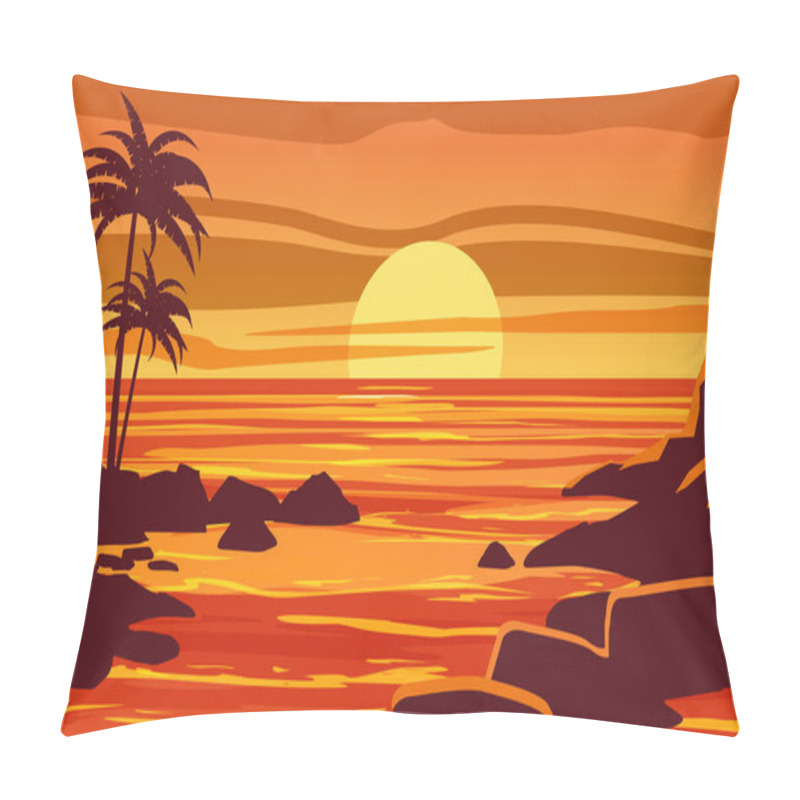 Personality  Tropical Beautiful Sunset, Landscape, Palms, Sea, Stones, Vector, Cartoon Style, Illustration Isolated Pillow Covers