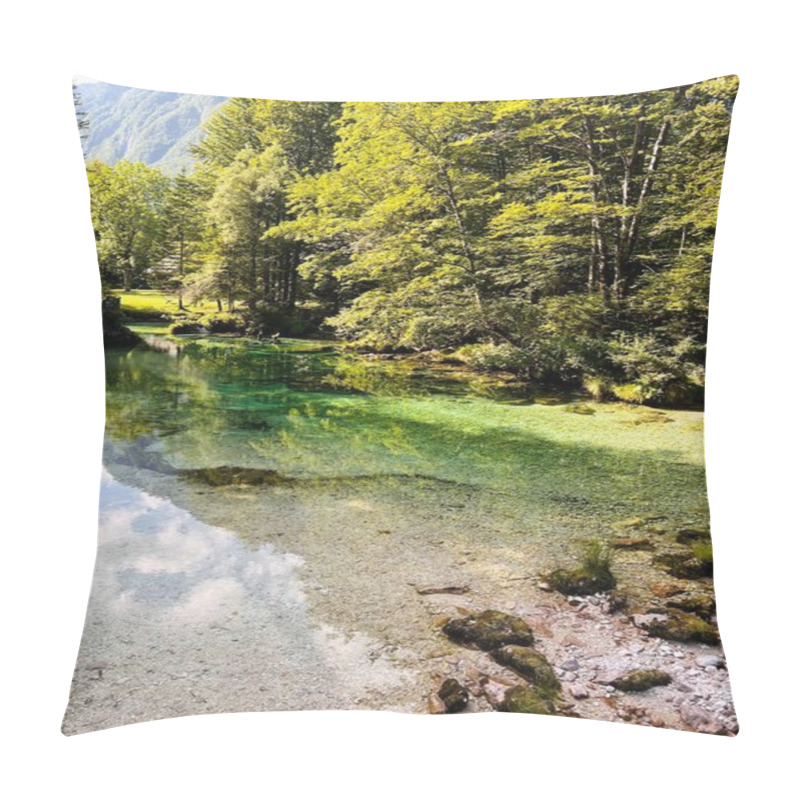 Personality  Serene Lake With Crystal Clear Water Surrounded By Vibrant Green Trees Under A Sunny Sky. Atmosphere Reflects Nature's Beauty And Tranquility, Perfect For Relaxation And Reflection. Bohinj, Slovenia. Pillow Covers