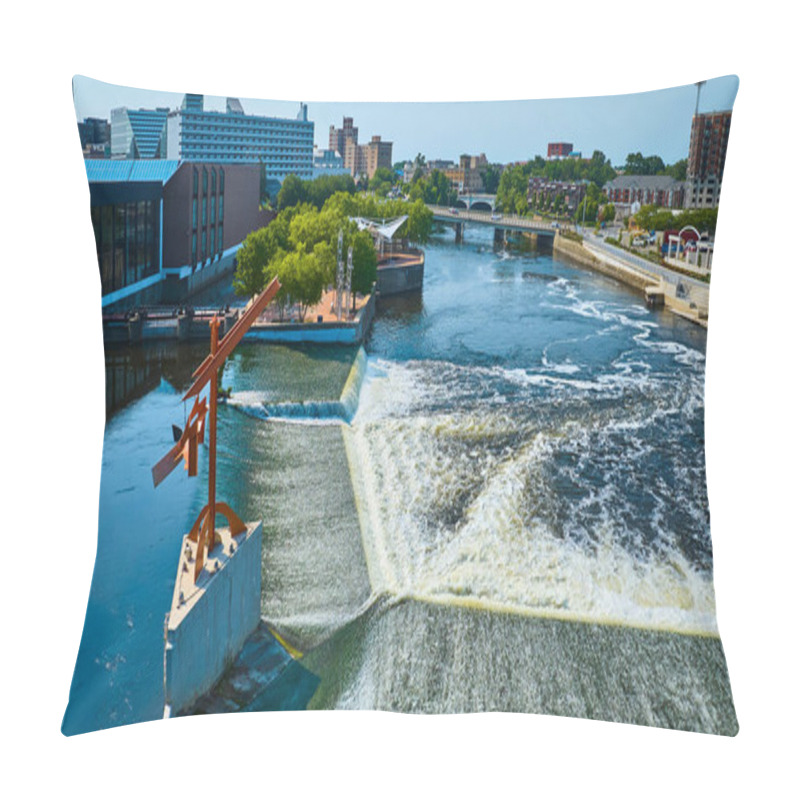 Personality  Aerial View Of South Bends Vibrant River Lights Plaza In Downtown Indiana. Featuring A Dynamic Weir, Modern Art Installation, And A Mix Of Contemporary And Historic Buildings Along The Riverfront. Pillow Covers