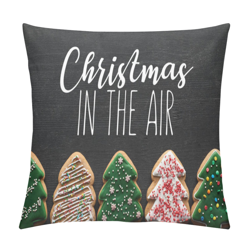 Personality  Flat Lay With Delicious Glazed Christmas Tree Cookies On Black Background With Christmas In The Air Illustration  Pillow Covers