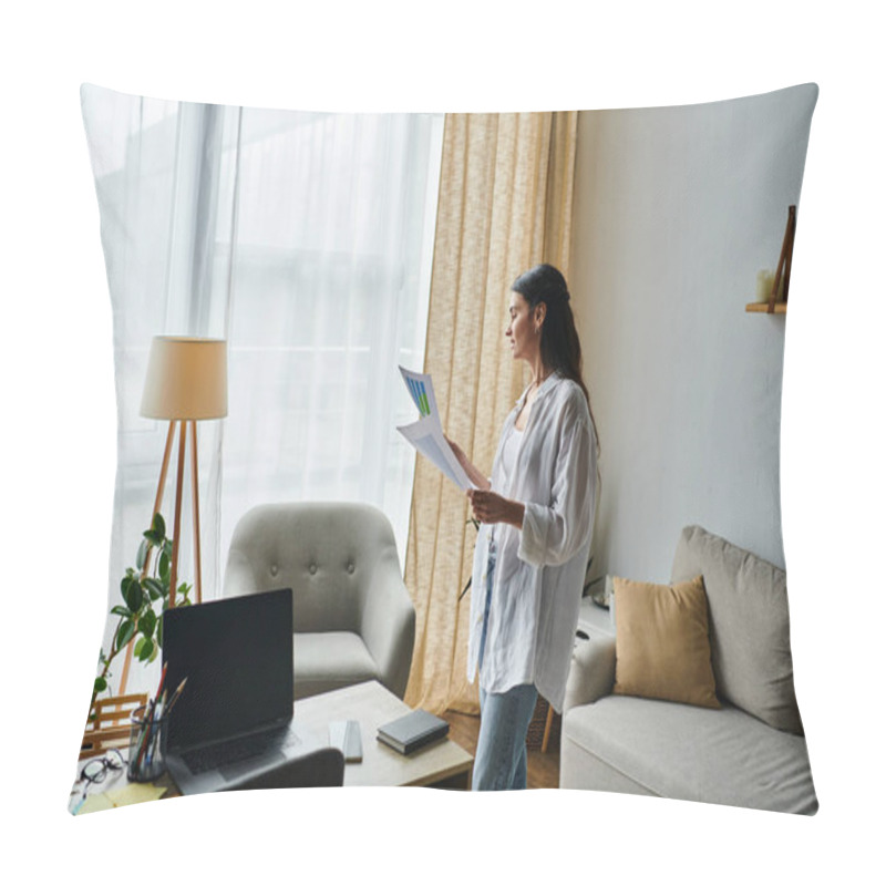 Personality  Stylish Woman Working From Home, Holding Important Document In Cozy Room. Pillow Covers