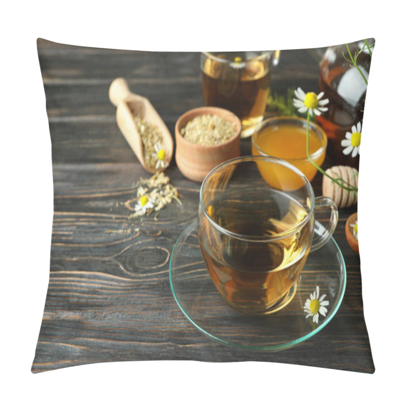 Personality  Concept Of Cooking Chamomile Tea On Rustic Wooden Table Pillow Covers