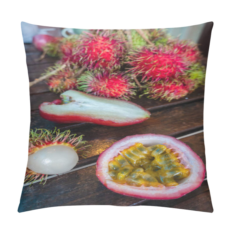 Personality  Fresh Passion Fruit And Rambutan In  On Wooden Table Background Pillow Covers