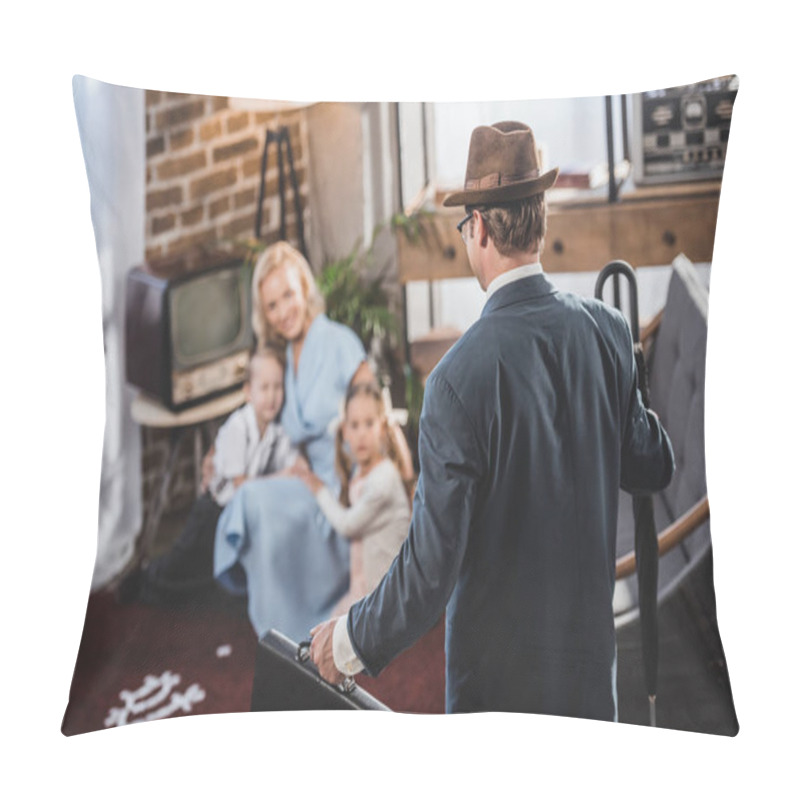 Personality  Selective Focus Of Mother With Two Kids Playing Together And Looking At Father Coming Home, 1950s Style Pillow Covers