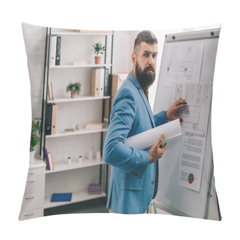 Personality  Handsome Adult Male Architect In Blue Formal Wear Holding Blueprint, Using Flip Chart And Working On Project In Office Pillow Covers