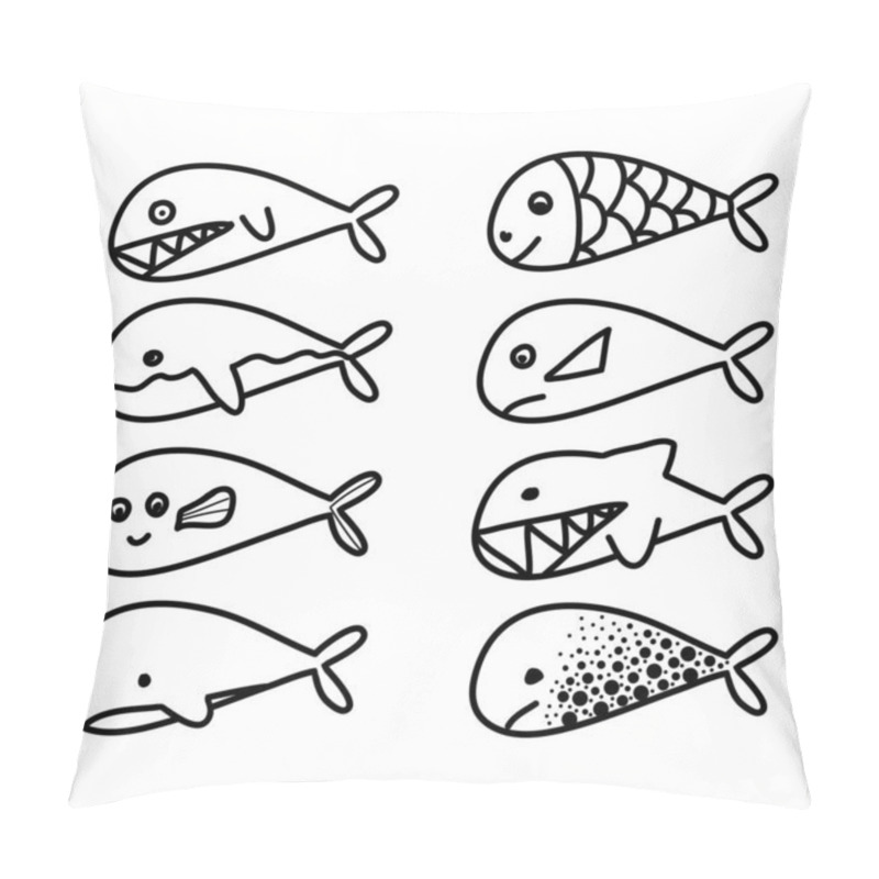 Personality  Set Of Fishes And Whales, Different Mood Cute Good Evil, Black And White Hand Drawn Doodle Vector Illustration Pillow Covers