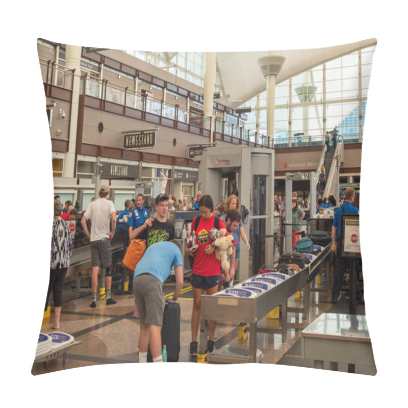 Personality  Travelers Collect Belongings After Passing Security Checkpoint At Denver International Airport Pillow Covers