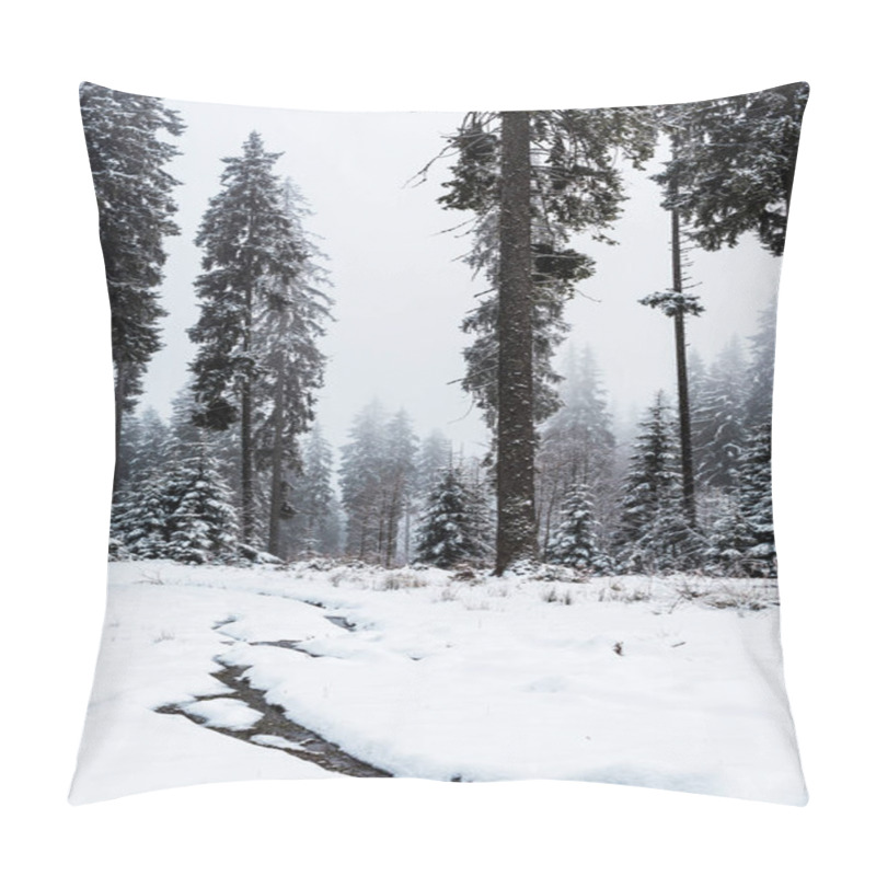 Personality  Scenic View Of Pine Forest With Tall Trees Covered With Snow Pillow Covers