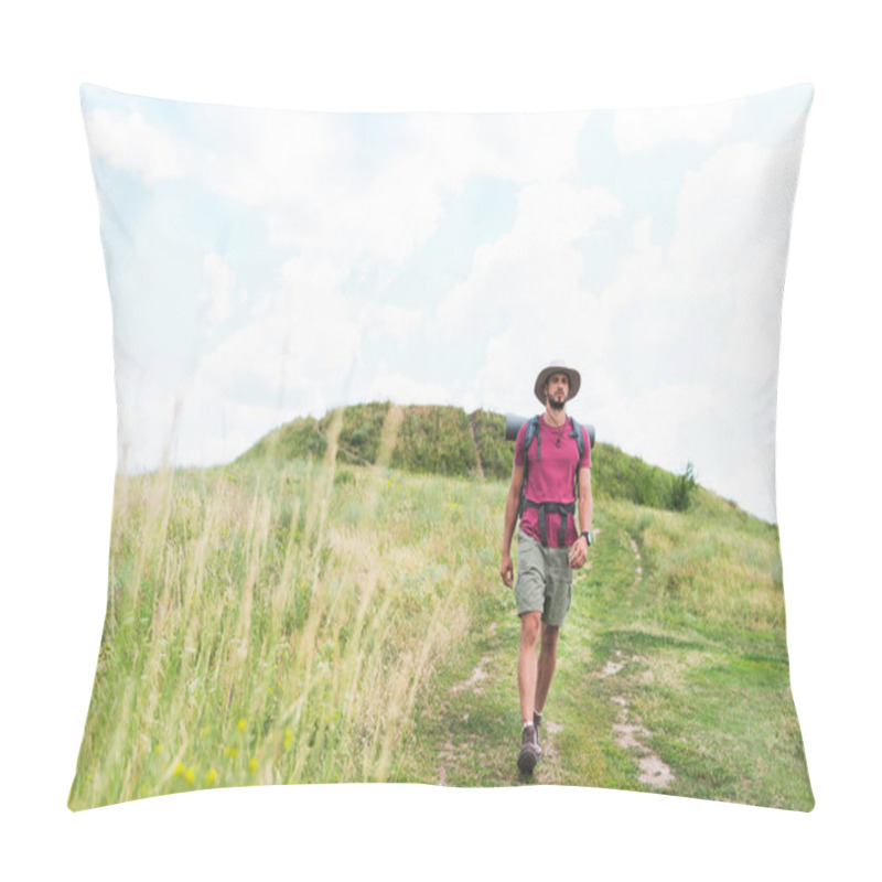 Personality  Handsome Hiker With Backpack Walking On Green Meadow Pillow Covers