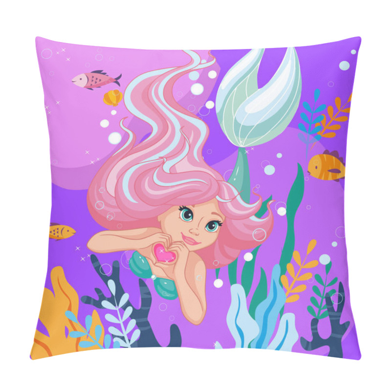 Personality  Beautiful Mermaid. Cute Mermaid With A Heart. Pink Hair Pillow Covers