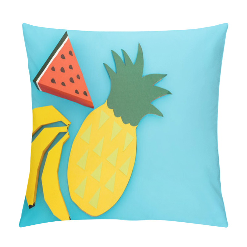 Personality  Top View Of Paper Summer Fruits On Blue Background Pillow Covers