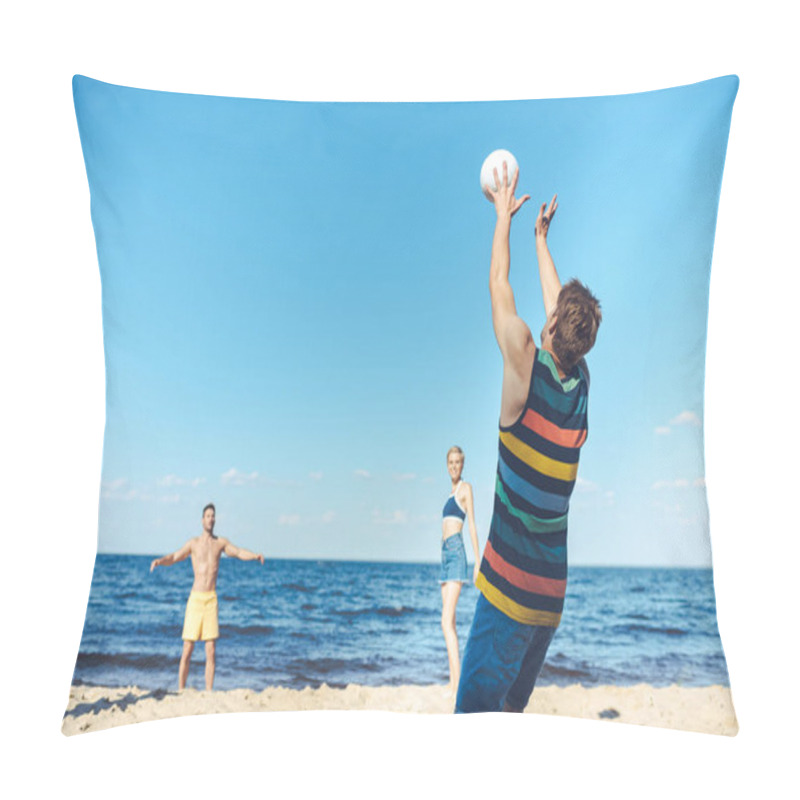 Personality  Young Friends Playing Volleyball Together On Sandy Beach Pillow Covers