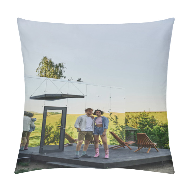 Personality  Full Length Of Happy Interracial Couple Looking Away On Porch Of Modern Glass House In Countryside Pillow Covers