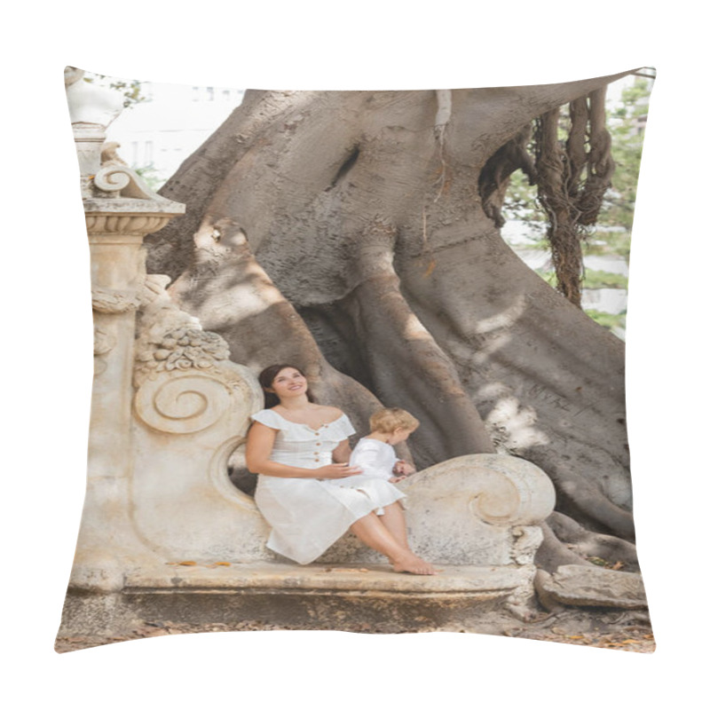 Personality  Smiling Mother And Child Spending Time On Stone Bench In Park In Spain  Pillow Covers