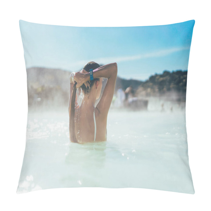 Personality  Rear View Of Young Woman Relaxing In Hot Pool In Iceland  Pillow Covers