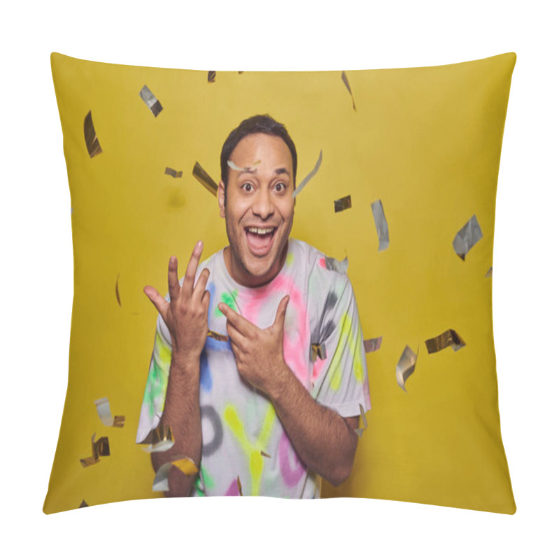 Personality  Excited Indian Man Smiling Near Falling Confetti On Yellow Backdrop, Party Concept, Merry Event Pillow Covers