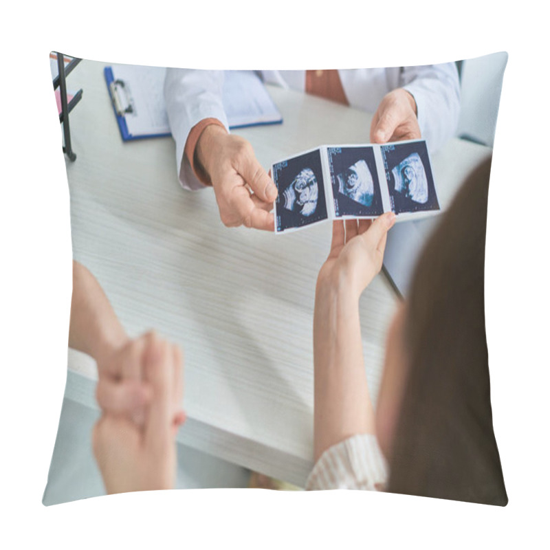 Personality  Lesbian Couple Taking Ultrasound Of Their Baby From Gynecologist, In Vitro Fertilization Concept Pillow Covers