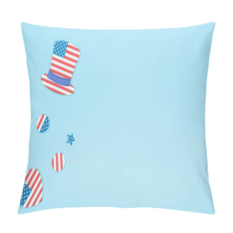 Personality  Top View Of Paper Cut Decorative Hat, Star, Circles And Heart Made Of American Flags On Blue Background With Copy Space Pillow Covers