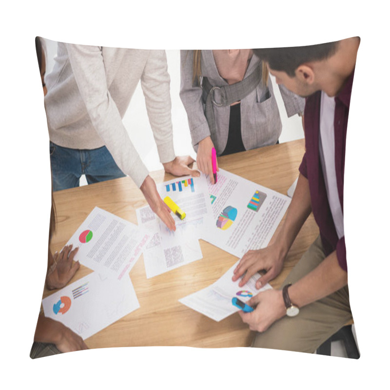 Personality  Partial View Of Multiethnic Business Colleagues Discussing New Marketing Project At Workplace In Office Pillow Covers