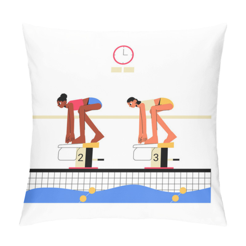 Personality  Two Female Swimmers Preparing To Dive From Starting Blocks At A Poolside During A Competitive Swimming Event, Symbolizing Sports And Focus, Isolated On White Background. Pillow Covers